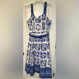 Talbots White Sundress with Blue Floral Paisley Print with Belt Size 20W